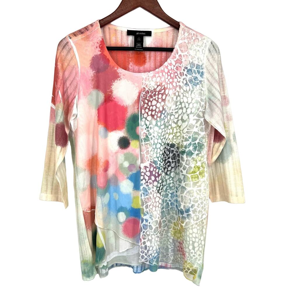 Ali Miles Womens Size Small Bright Multicolor Lightweight Blouse Shirt Top Artsy
